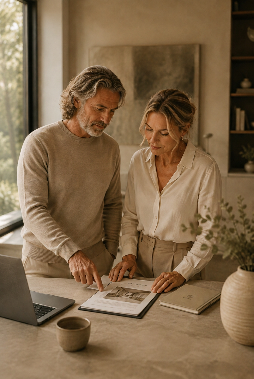 Man en vrouw bekijken samen investeringsmogelijkheden aan tafel